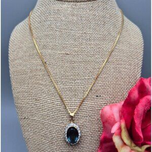 Gold Tone Box Chain Necklace Blue Stone Oval Pendant Clear Crystal Trim 18"